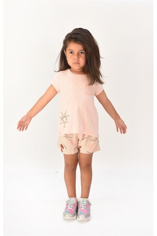 Luess Kız Çocuk Nakış Detaylı Açık Pembe Tshirt-şort Takım Pembe