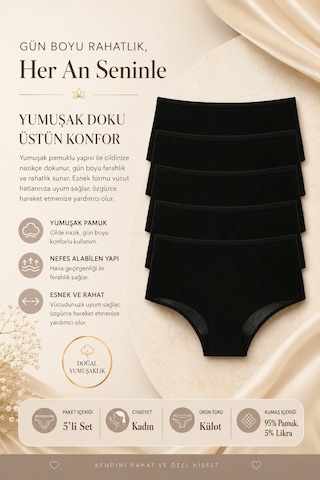Nicoletta Kadın Külot Yüksek Bel Büyük Beden 5 Li Paket Pamuklu Siyah