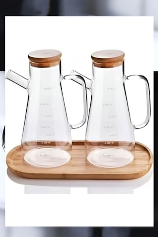 2'li Bambu Kapaklı Ahşap Standlı Camlı Yağdanlık & Sirkelik & Zeytinyağı Şisesi 900 Ml 3lü Set Krem