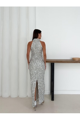 Halter Yaka Payetli Gümüş Abiye Elbise Gümüş