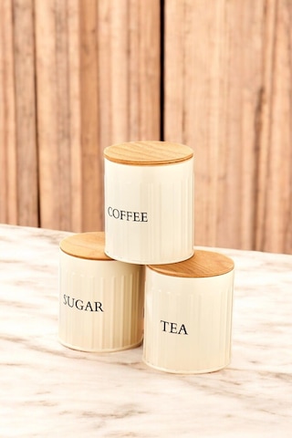 3 Lü Ahşap Kapaklı Metal Saklama Kutusu Çay Kahve Şeker Kavanoz Saklama Kabı Krem