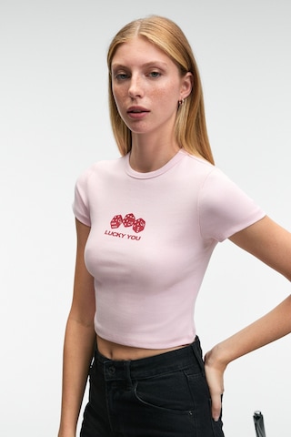 Ethıquet NOVELLE Kadın Bisiklet Yaka Kısa Kollu Önü Baskılı Crop Pembe T-Shirt
