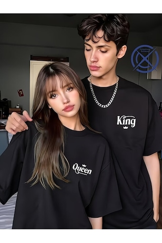 Nevermind King Queen Sevgili Tişört Kombini Unisex Çift Tişört Seti %100 Pa Siyah