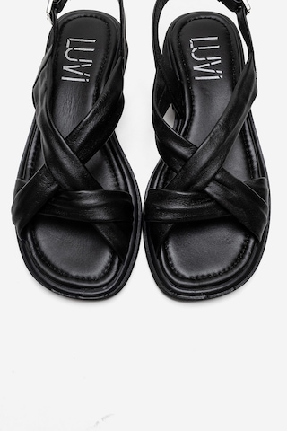 Luvishoes Frand Siyah Hakiki Deri Çapraz Bantlı Kadın Sandalet