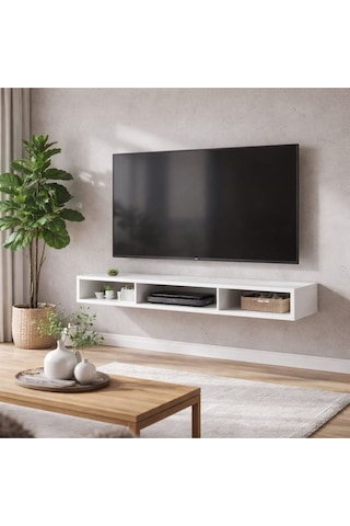 Dekoratif Raflı Duvar Tv Ünitesi Üç Bölmeli Beyaz 150 Beyaz
