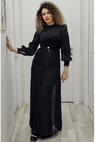 Çiçek Detaylı Çıkarılabilir Etekli Kadife Abiye 2752-siyah Siyah