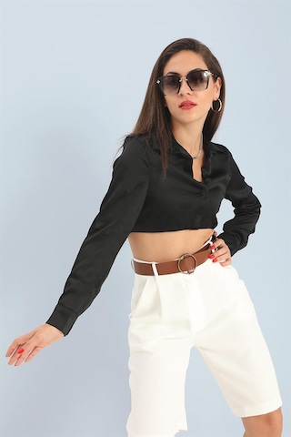 Beli Lastikli Saten Gömlek - Siyah-siyah Siyah