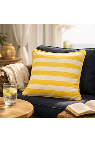Faralya Life Kalın Çizgili Pamuk Dokulu Biyeli Tekli Kırlent Kılıfı - 45x45 Cm Dekoratif Yastık Kılıfı Beyaz - Sarı