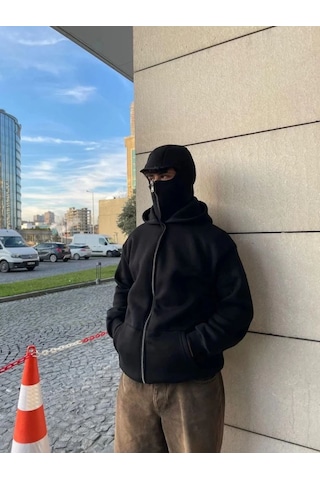 Mbb E-ticaret Samuray Ninja Çift Kapşonlu Zıp Fermuarlı Kanguru Çepli Tam Fermuarlı Hoodie Swetshirt - Siyah