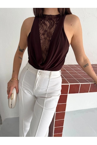 Primemagazam Kadın Dantel Detaylı Derin Dekolte Body Şık Kolsuz Yazlık Bodysuit - Kahvrenegi Çeşitli