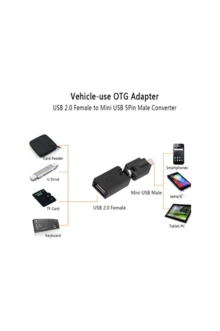 Gajeena Araç Otg Adaptörü Mini Usb 5pin Erkekden Usb2.0 Dişiye 360 Döner 90 Katlanır Siyah Usb Flash Disk, Kart Okuyucu Bağlanır
