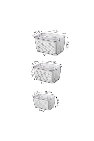 Vinoa 3'lü 2,5 Lt + 5 Lt + 9 Lt Süzgeçli Buzdolabı Düzenleyici Organizer + Saklama Kabı Beyaz