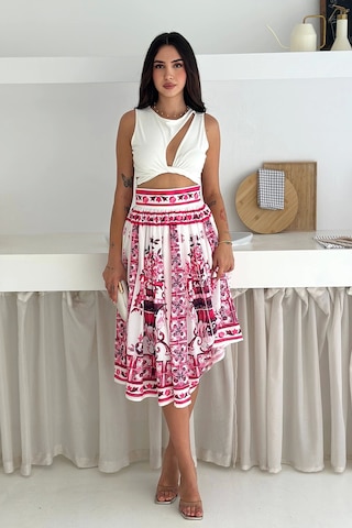 İthal Krep Kumaş Desenli Etek Pembe Mavi