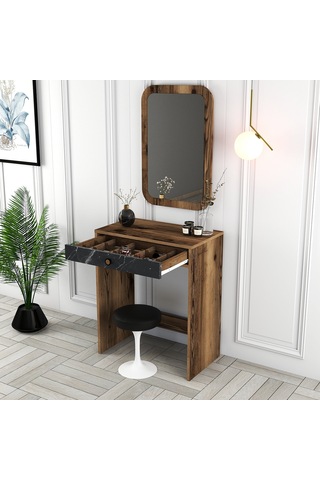 Lizbon Mini Makyaj Masası Aynalı - Ceviz / Siyah Mermer