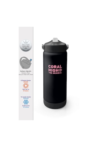Coral High Siyah Pembe Desenli Katlanır Ağızlıklı Çelik Termos 650 Ml 38355 Siyah