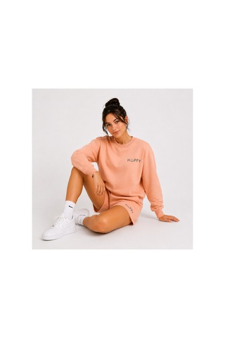 Herkesemoda Hüppy Baskılı Kadın Oversize Şortlu Sweatshirt Eşofman Takımı Pudra
