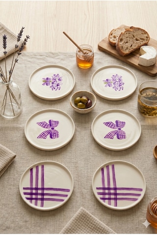 Lila Gift 6 Lı Seramik Pasta Tabağı 20 Cm Lila Desenli 6 Kişilik Tatlı Sunum Servis Tabak Seti Beyaz
