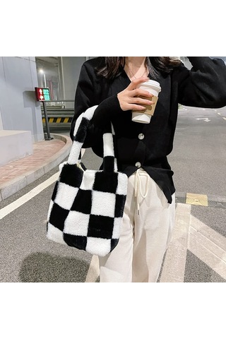 Peluş Kabarık Taşıma Çantası Büyük Kapasiteli El Çantaları Ve Siyah