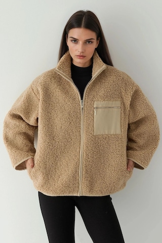 Hiccup Fermuarlı Yakalı Oversize Peluş Kaban Açık Gri