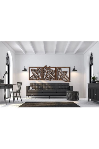 Yaprak Model 3 Lü Dekor Ahşap Duvar Süs Tablo Ceviz Renk 147x52 Cm