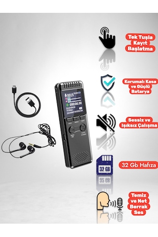Çift Hoparlörü Ve Yüksek Hassasiyetli Kristal Mikrofonlu Led Ekranlı Ses Kayıt Cihazı 32gb,16 Gün Depolama