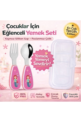 Figürlü Premium Çocuk Bpa Free Kaliteli Silikon Saplı Paslanmaz Çelik Uçlu Çatal-kaşık Pembe Renk