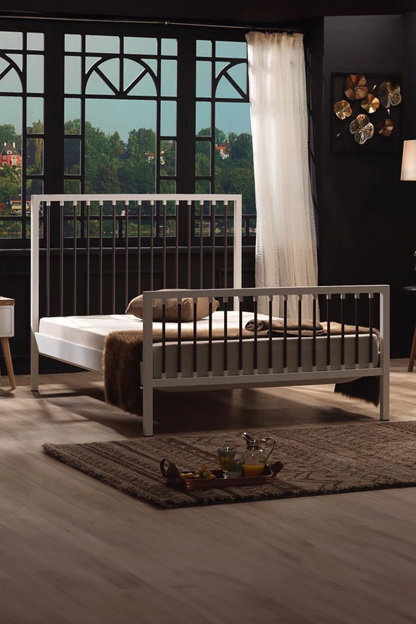 Breeze Çift Kişilik Ferforje Metal Beyaz-kahverengi Ahşap Latalı Karyola