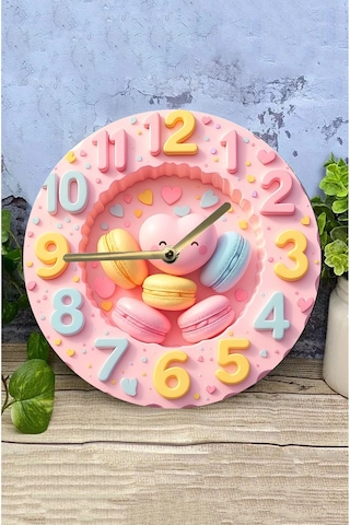Pembe Kalpli Makaron Temalı Mdf Duvar Saati 3d Görünümlü, 2d Hd Baskı, Sessiz Mekanizmalı, Sdw233 Renkli