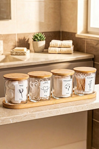 Bamio - Bambu Standlı Bambu Kapaklı Etiketli Banyo Düzenleyici Cam Banyo Seti Banyo Organizeri Açık Ahşap