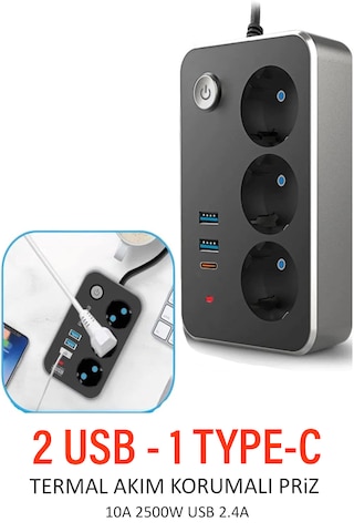 Usb Type-c Priz Dönüştürücü 2m Kablolu 2500w