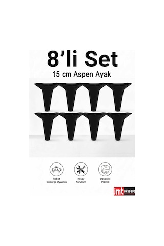 Aspen 15 Cm Siyah 8'li Set Koltuk Baza Dolap Tv Ünitesi Yatak Odası Konsol Ayağı Siyah