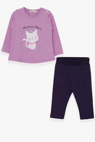 Breeze Kız Bebek Taytlı Takım Kedicik Baskılı 9 Ay-3 Yaş Eflatun