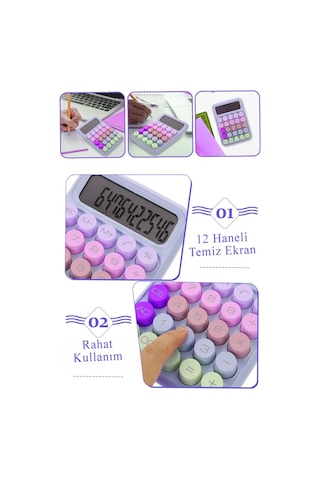 Hesap Makinesi Orta Boy Masaüstü 1 Adet 12 Haneli Yuvarlak Tuşlu Renkli Hesap Makinası 10x15 Cm Renkli Büro Ofis Öğrenci Çok Renkli