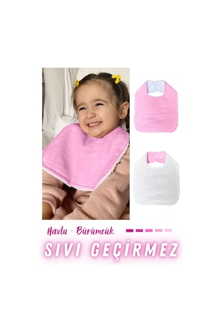 Pamuklu Sıvı Geçirmez Mama Önlüğü Bürümcük-havlu Çift Yönlü P-b Beyaz - Pembe