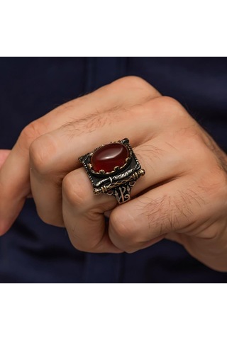 Oval Akik Taşlı Elifvav 925 Ayar Gümüş Yüzük Gümüş