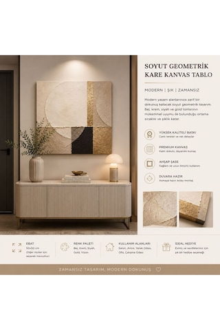 Modern Soyut Geometrik Kare Kanvas Tablo Gold Detaylı Bej Krem Minimalist Luxury Salon, Yatak Odası Ve Ofis Duvar Dekoru Çerçevesiz Premium Duvar Tablosu