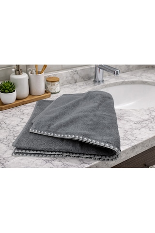 Krem İstiridye Dikişli %100 Pamuk Yumuşak Dokulu Yüksek Su Emici 2'li Banyo Havlu Seti 50x90-70x130 Gri