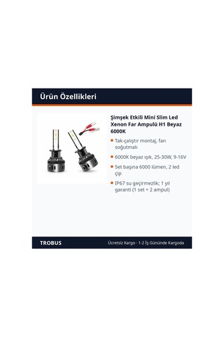 Trobus Şimşek Etkili Mini Slim Led Xenon Far Ampulü H1 Beyaz 6000k