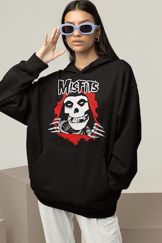 Sevbano Misfits Baskılı Unisex Oversize Rock Metal Hoodie Siyah