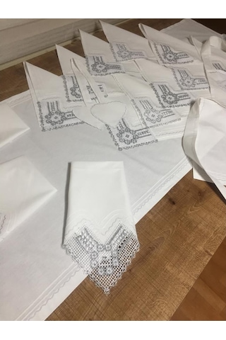 Finezza Batik Gümüş Dantelli Pamuk Kumaş Beyaz Mutfak Takımı 17 P