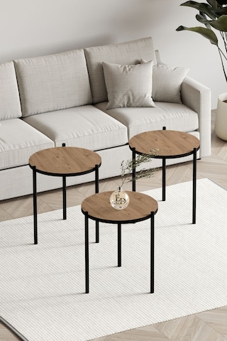 Nice 3'lü Zigon Sehpa Siyah Metal - Atlantik Çam Tabla