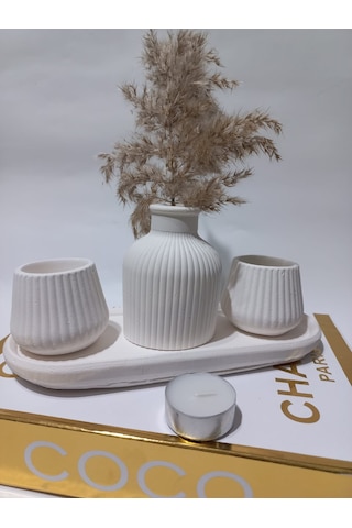 Küp Vazolu Tabaklı Tealight Mumluk Set Beyaz