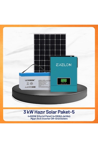 3 Kw Hazır Solar Paket - 5 4x600w Bifacial Panel + 4x100ah Jel Akü + Mppt Akıllı Inverter Off-grid Güneş Enerji Sistemi