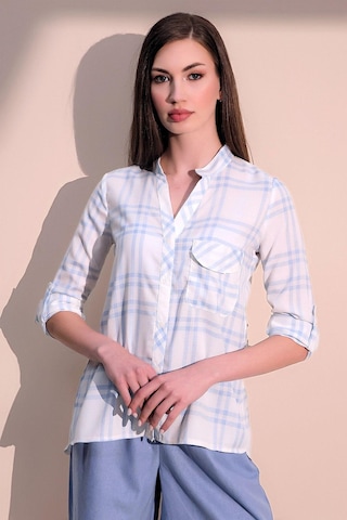 Kadın Mavi Uzun Kol Yeni Moda Ekose Desenli Tek Cep Hakim Yaka Gömlek Mavi