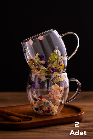 Porsima 2090 Leafy Çift Cidarlı Cam Çay Kahve Kupası Isı Yalıtımlı Kulplu Cam Bardak 2 Adet 250ml Şeffaf