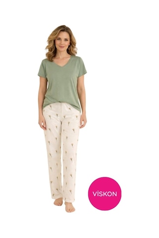 Seamlife Kadın Desenli Düğmesiz Bisiklet Yaka Kısa Kol Pijama Takımı-slim Fit Yazlık Homewear Yeşil