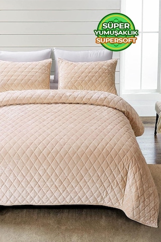 Evlen Home Kapitone Kadife Yatak Örtüsü Seti Çift Kişilik Supersoft 3 Parça Yumuşak Elyaf Dolgulu Bej Bej