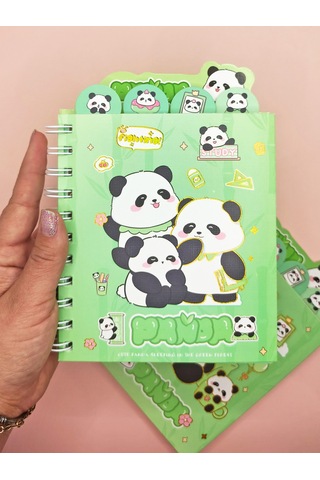 Sevimli Panda Ayraçlı A5 Not Defteri 14x18 Cm - Panda Ailesi Yeşil