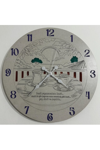 Ahşap Desen Duvar Saati - Çay, Simit Ve Peynir - Epoksi Reçine Kaplamalı - 40 Cm Ahşap