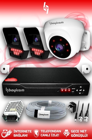 Bayicam 3 Kameralı Süper 1 İç Kamera Set HDD'siz 5 MP 2K Net Gece Görüşlü Güvenlik Kamerası Sistemi